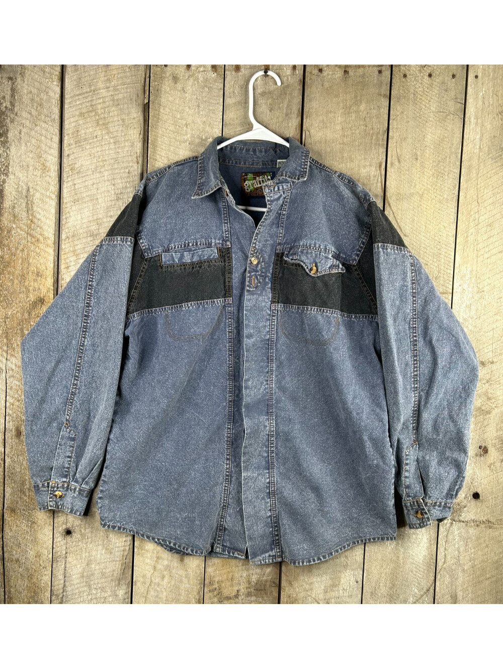 Vintage Graffiti Denim Shirt L Acid Wash 90s Western Cowboy Grunge Long Sleeve